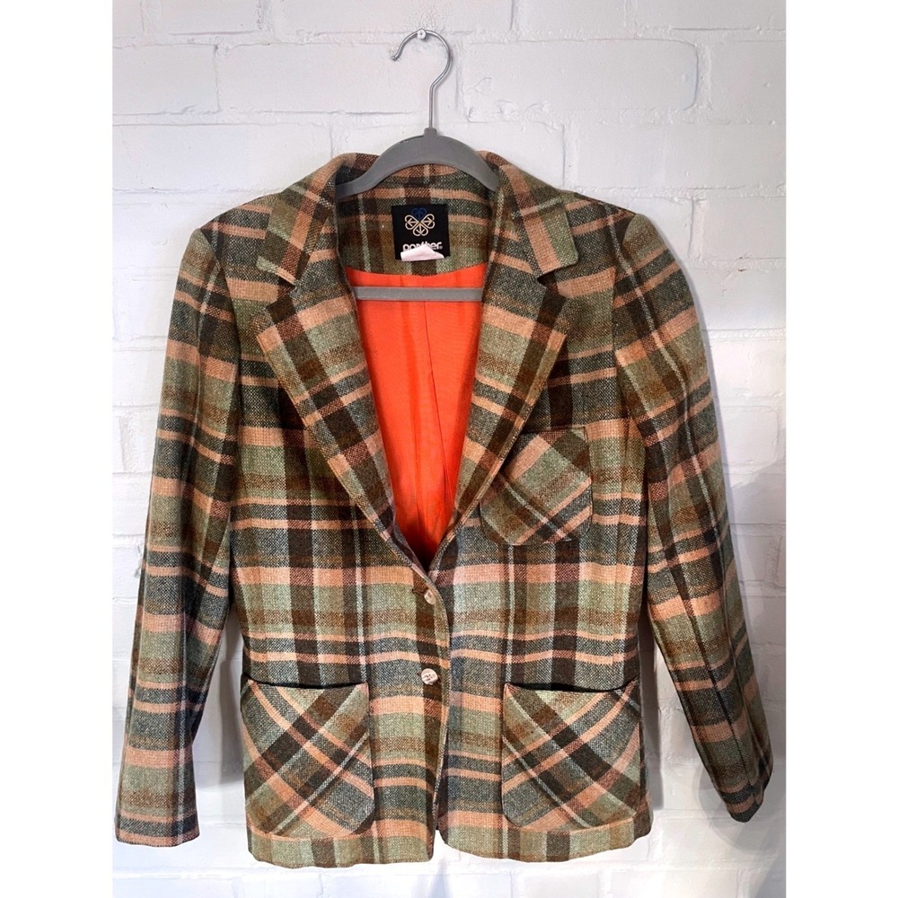 Panther Womens Plaid Wool Blend Blazer Coat Orange Lined Button Front 11/12 VTG
